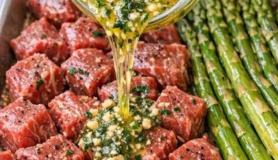 Low Carb Garlic Butter Steak and Asparagus Bake